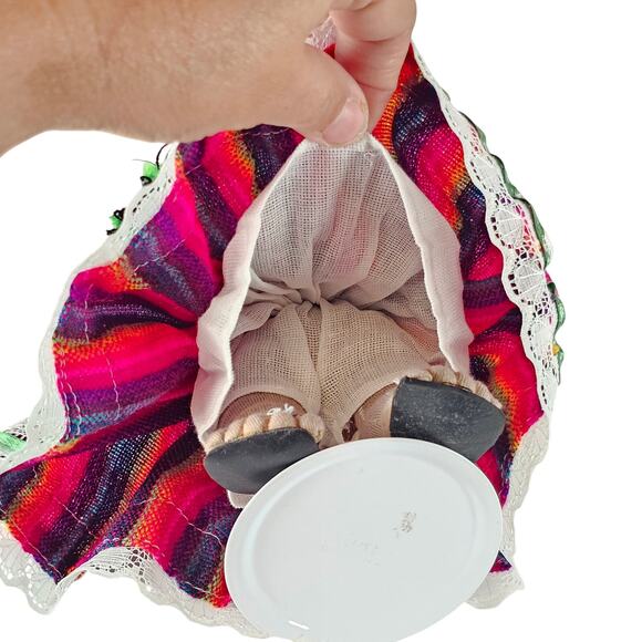 Handmade Bolivian Cloth Doll 9" Traditional Dress Red Hat Colorful Skirt & Beads - Picture 8 of 16